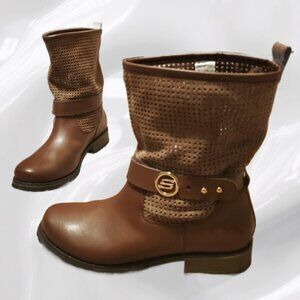 Sketchers Women's LEATHER Calf Boots/Top Breathable Knitting Fabric- Size 7.5